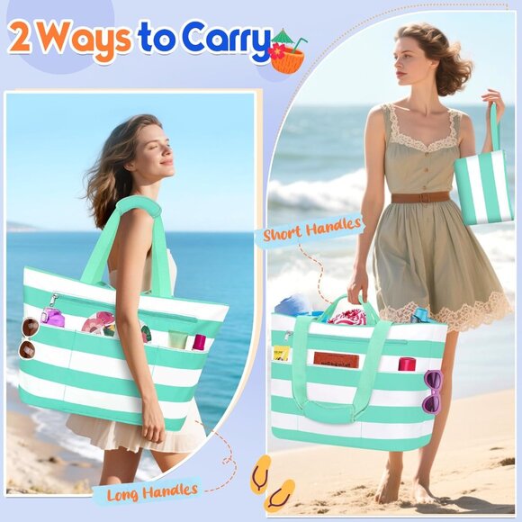 Women's Green White Waterproof Sandproof Xl Tote Zipper Foldable Beach Bags - Picture 2 of 8